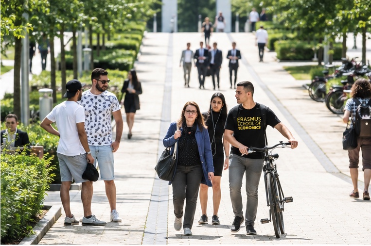 Students crossing Campus Woudestein with a bicycle