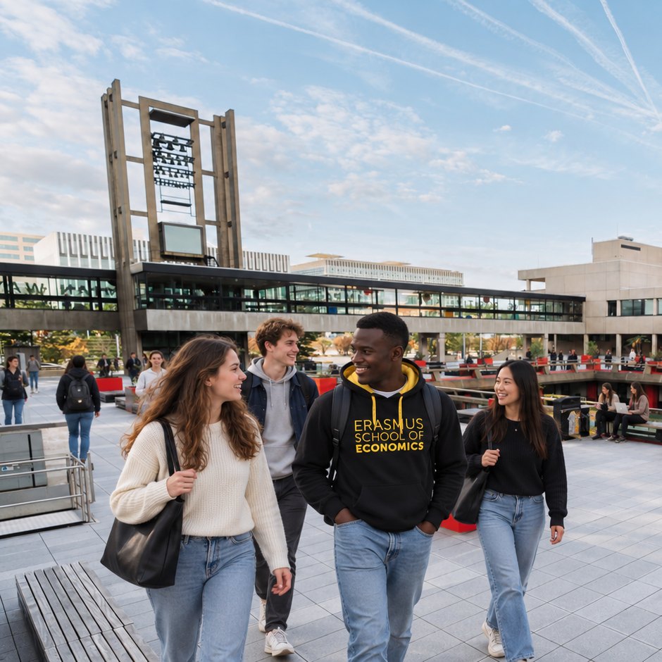 Four students crossing the square on Campus Woudestein, one in an Erasmus School of Economics hoodie, the carillon tower behind them